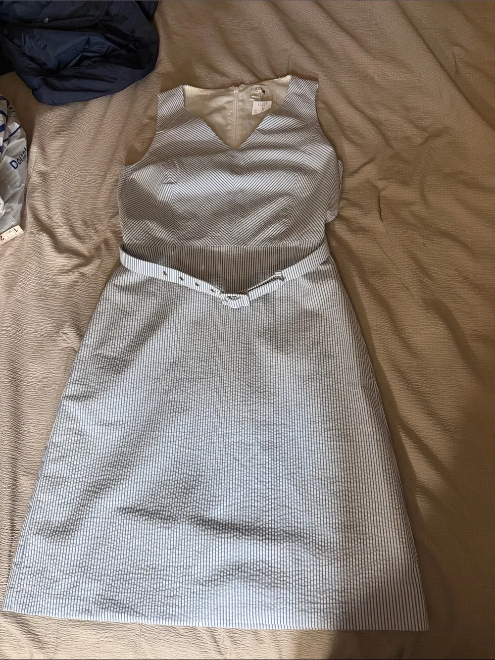 J. Crew Sleeveless V-Neck Belted Midi Dress - Peri* aaa Seersucker